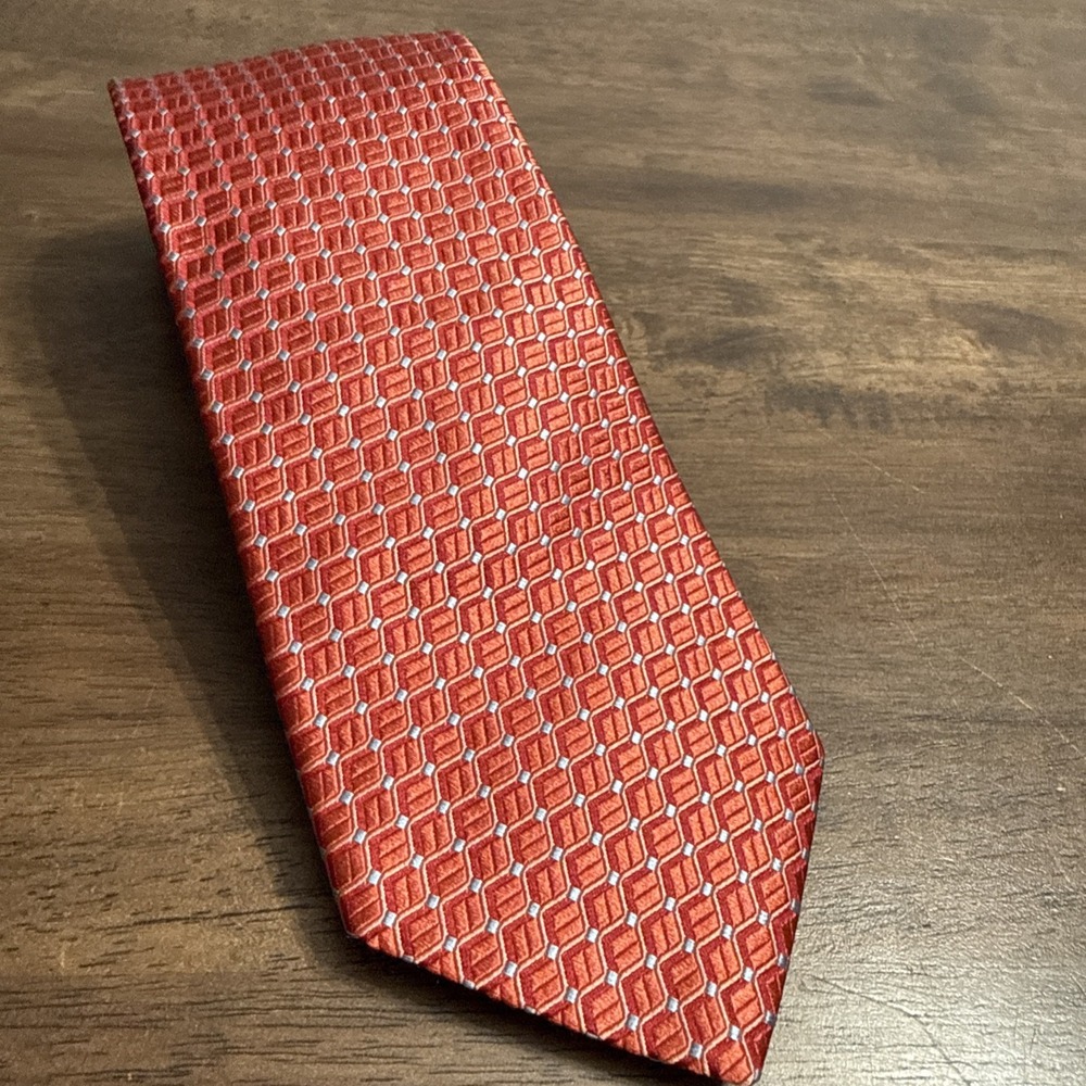 ALARA Mens Silk Tie Necktie Textured Rust Orange & Baby Blue Geometric Woven‎